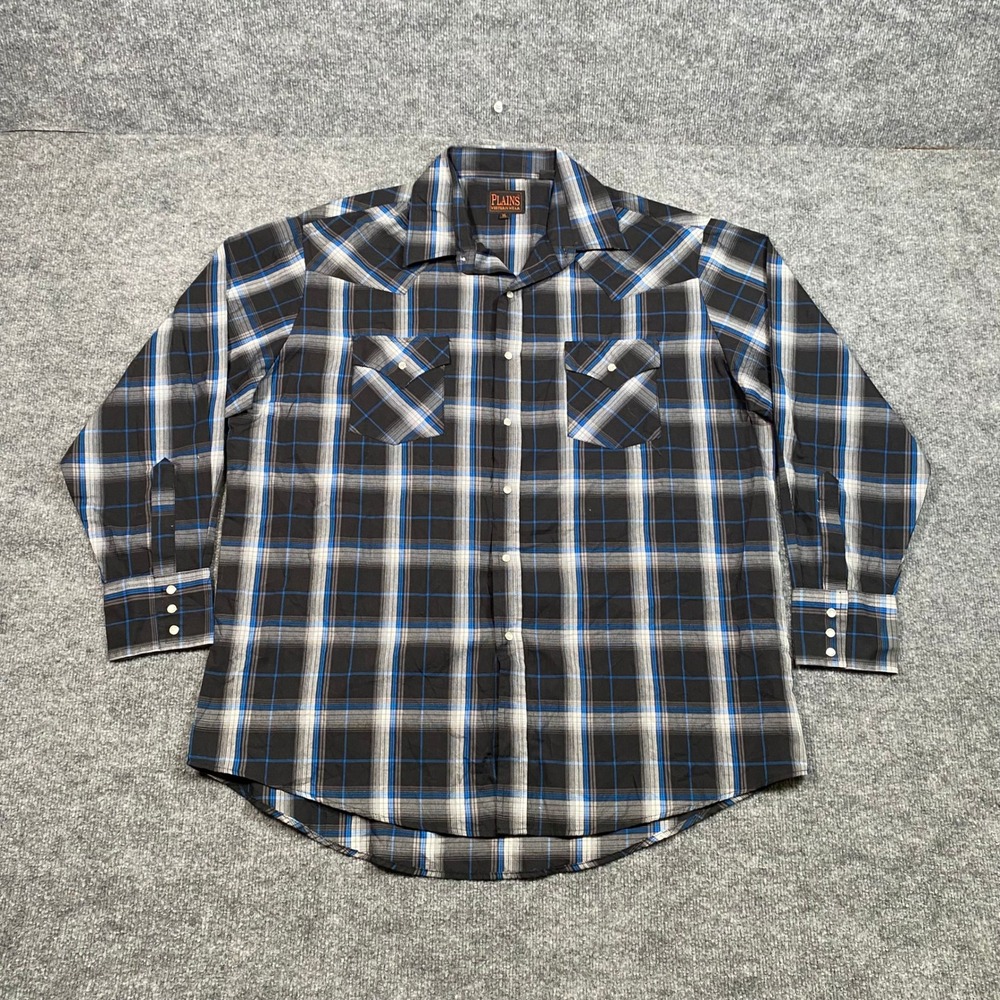 Plains Western Wear Mens XL Pearl Snap Plaid Shirt Black Blue Long Sleeve Yoke